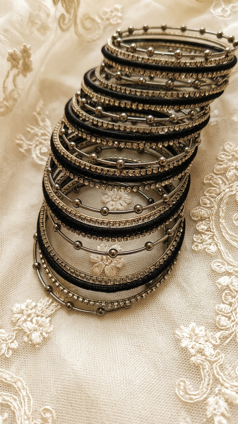 Grey Metal Beaded Bangles Set with Black Velvet & Zircon Stone Pack of 25