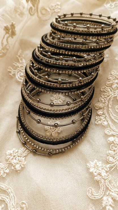 Grey Metal Beaded Bangles Set with Black Velvet & Zircon Stone Pack of 25