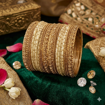 Golden Zircon Gemstone & Silk Thread Studded worked Ball Chain Linked Stylish Bangle Set For Women and Girls