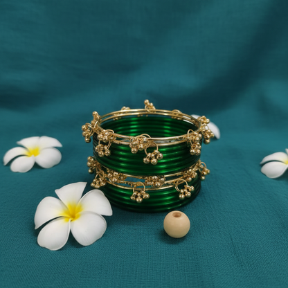 Royal Emerald Green Glass Bangles with Metal Ghungroo – Set of 24