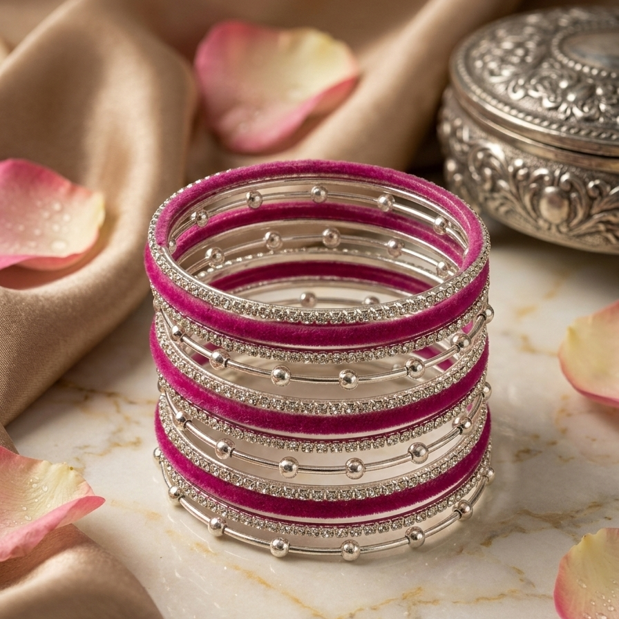 Premium Rani Velvet & Stone Studded Silver Bangles Set-16
