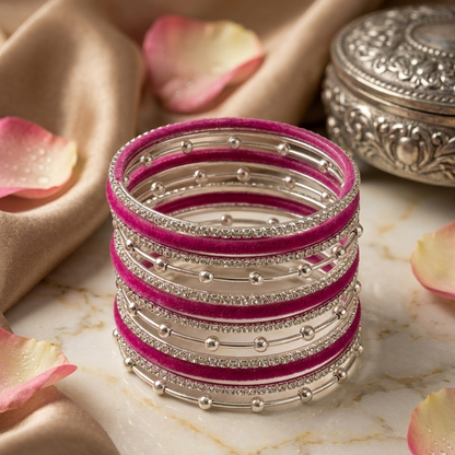 Premium Rani Velvet & Stone Studded Silver Bangles Set-16