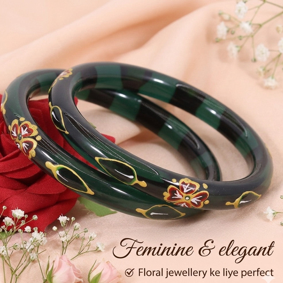 Radium Finish Floral Print Dark Green Glass Bangles - Set of 2