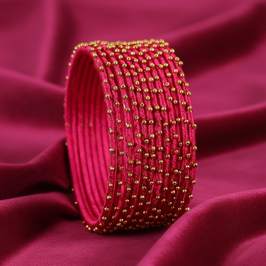 Magenta Silk Thread Ball Stone Linked Glossy Bangle Set for Women & Girls | Pack of 12