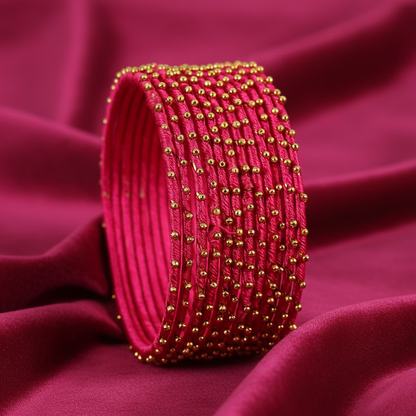 Magenta Silk Thread Ball Stone Linked Glossy Bangle Set for Women & Girls | Pack of 12
