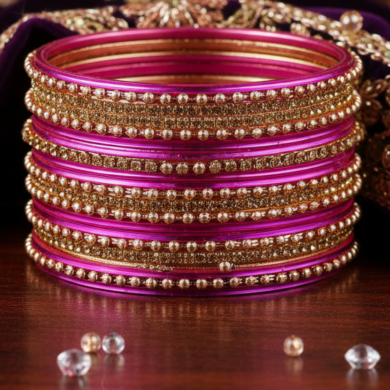 Magenta Zircon Studded Ball Chain Linked Bangle Set for Women & Girls