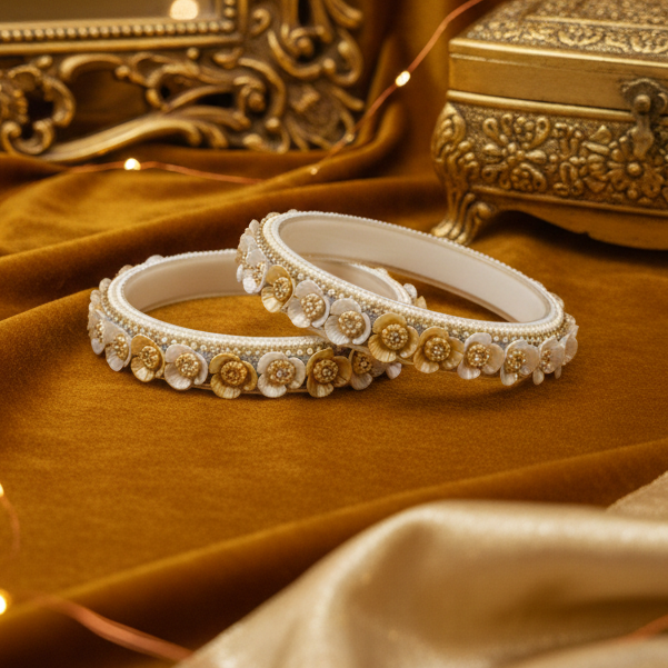 White Floral Glass Kada with Pearl & Stone Work (Set of 2)