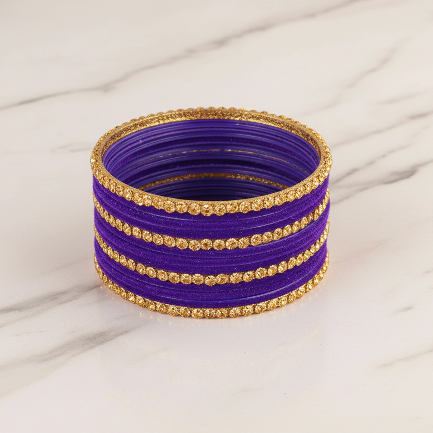 Premium Glass & Golden Beads Velvet Bangles Set – Pack of 34 (Jamuni Color)