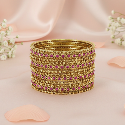 Luxury Gold Finish Magenta Zircon Ballchain Bangles – Set of 12