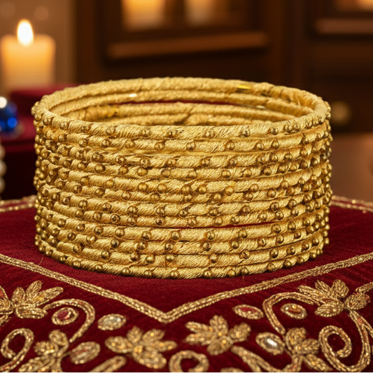 Cream Silk Thread Ball Stone Linked Glossy Bangle Set for Women & Girls | Pack of 12