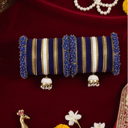 Royal Blue Velvet Zircon Chuda Set with Pearl Latkan – Bridal & Festive Bangles