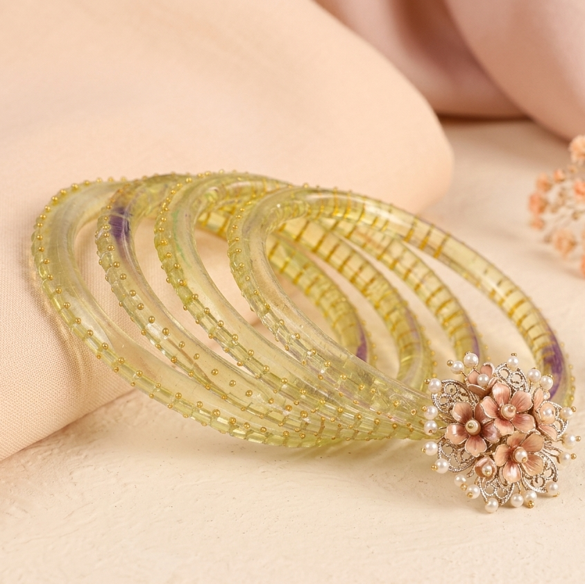 Trendy Olive Glass Bangles – Glossy Finish (Set of 4)