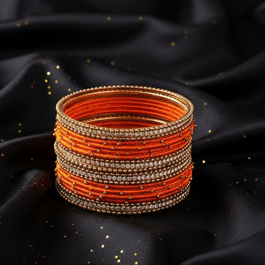 Orange Silk Thread Zircon Studded Bangle Set with Ball Chain – Glossy Finish for Women and Girls