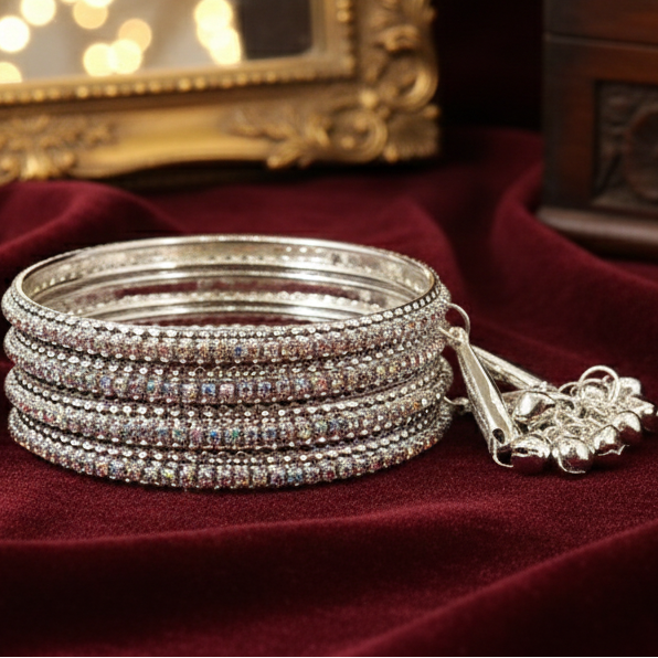 Alloy Metal With Zircon Gemstone and Bells Latkan Linked Traditional Bangles Set For Girls and Women