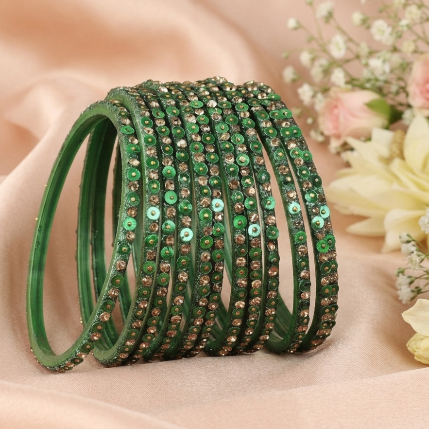 Green Glass Bangles Set with Gold Glitter & Sequins, Pack of 12