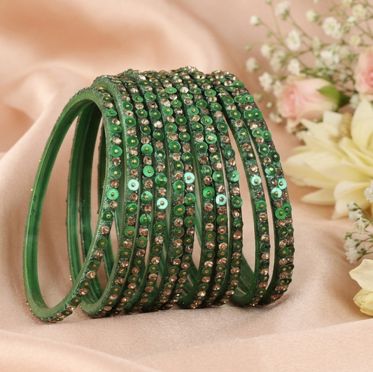 Green Glass Bangles Set with Gold Glitter & Sequins, Pack of 12