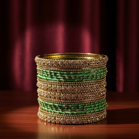 Traditional Golden Zircon & Silk Thread Bangles (T-Green)– Pack of 20