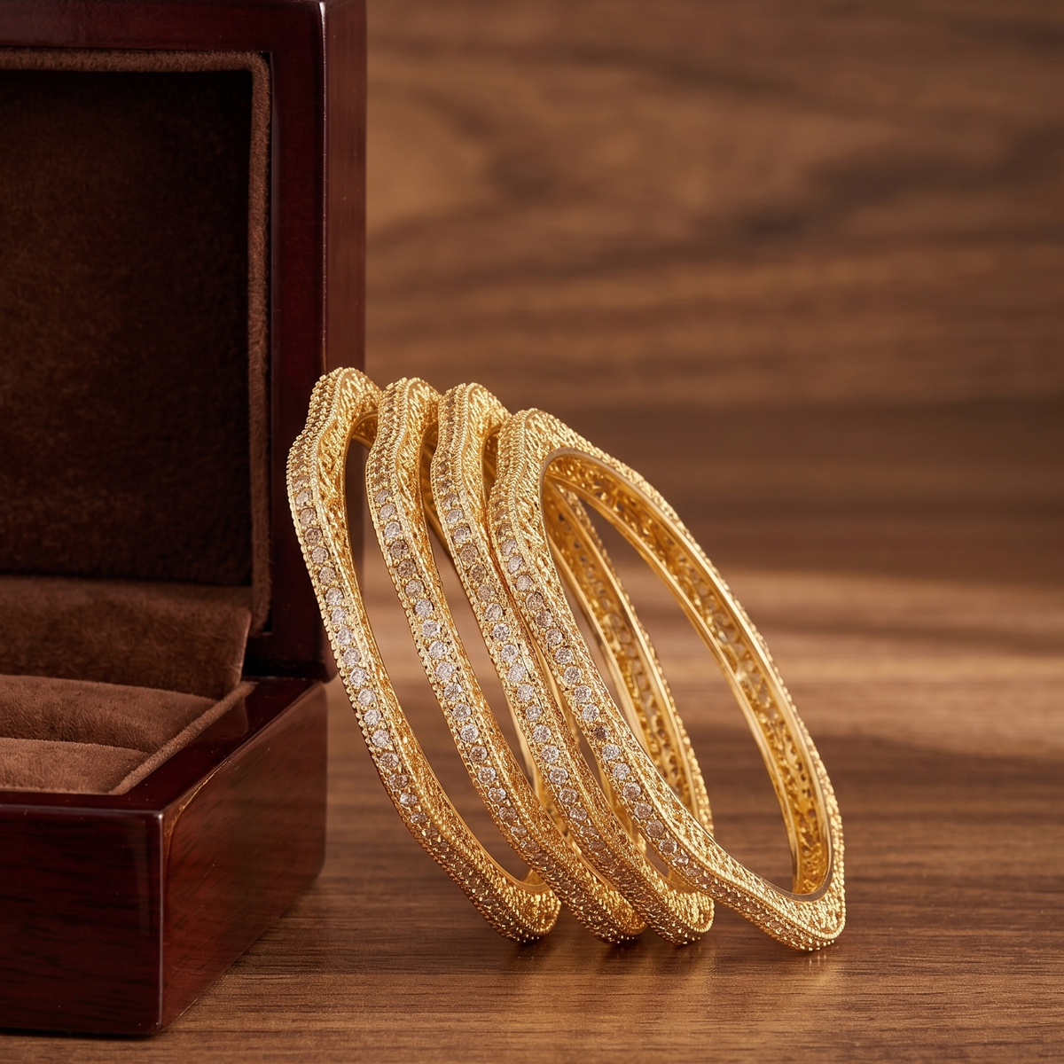 Golden Filigree Geometric Kada Bangles - Set Of 4