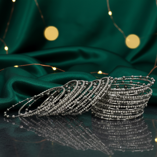 Silver Metal Bangles Set for Women & Girls | Diamond Stone & Ball-Studded Stylish Design | Glossy Silver Finish-Pack of 26