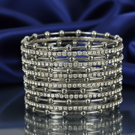 Silver Metal Bangles Set for Women & Girls | Diamond Stone & Ball-Studded Stylish Design | Glossy Silver Finish-Pack of 26