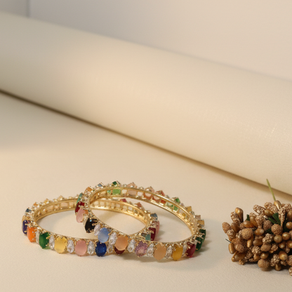 Traditional Alloy Metal Kada Bangles for Women & Girls | Multi-Color Zircon Diamond Studded Design | Pack of 2