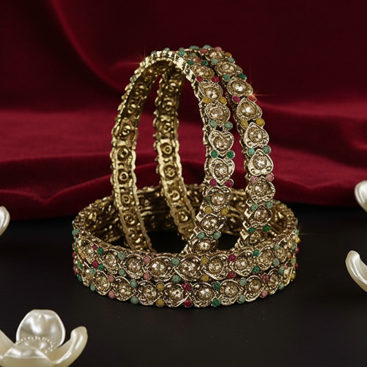 Antique Metal Bangles Set Heart Design Adorned with Zircon Stones & Beads Work For Women & Girls-Set of 4