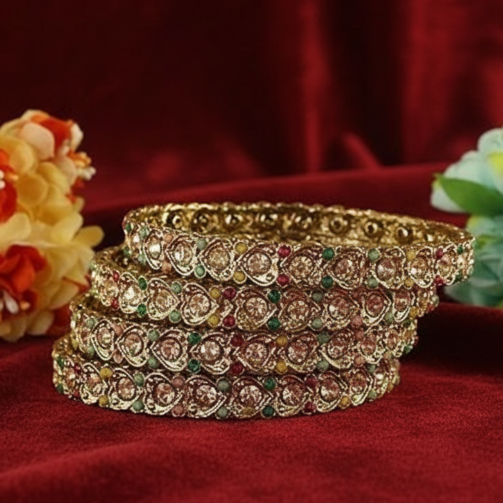 Antique Metal Bangles Set Heart Design Adorned with Zircon Stones & Beads Work For Women & Girls-Set of 4