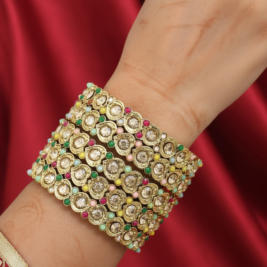 Antique Metal Bangles Set Heart Design Adorned with Zircon Stones & Beads Work For Women & Girls-Set of 4