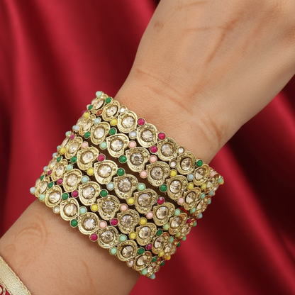 Antique Metal Bangles Set Heart Design Adorned with Zircon Stones & Beads Work For Women & Girls-Set of 4