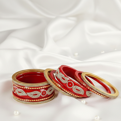✨ Elegant Red Lac Zircon Diamond Stone Bangles – Pack of 10