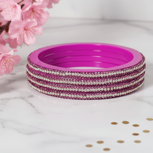 Pink Lac Bangles with Golden Zircon Diamond Stones – Pack of 4