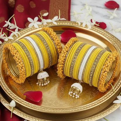 Haldi Special Traditional Velvet Bangles with Pearls & Zircon Stone Latkan | Bridal Chuda Set | Yellow & White-Set of 54