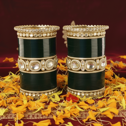 Bridal Gold Metal Chuda Set | Zircon Diamond Studded Bangles for Women | Traditional Wedding Set of 70