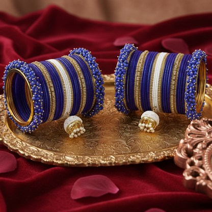 Royal Blue Velvet Zircon Chuda Set with Pearl Latkan – Bridal & Festive Bangles