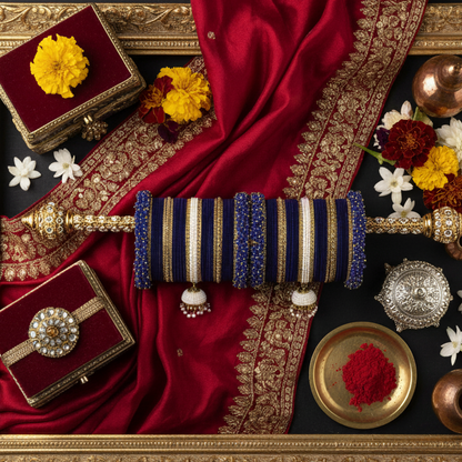 Royal Blue Velvet Zircon Chuda Set with Pearl Latkan – Bridal & Festive Bangles