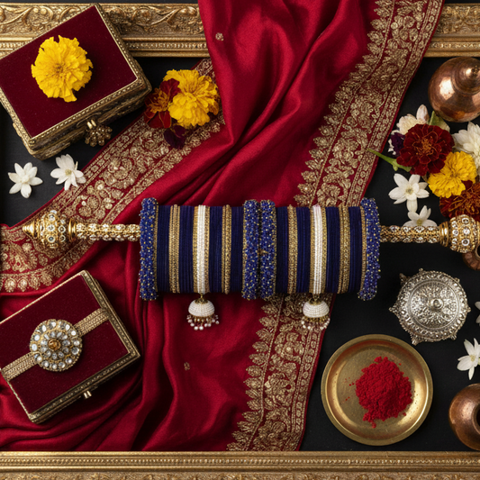 Royal Blue Velvet Zircon Chuda Set with Pearl Latkan – Bridal & Festive Bangles