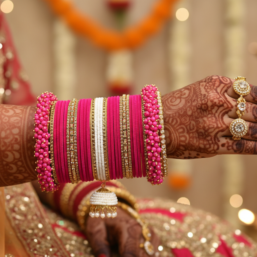 Pink Velvet Bridal Chuda Set with Zircon Stone Work & Pearl Latkan – Elegant Wedding Bangles