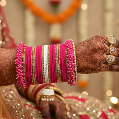 Pink Velvet Bridal Chuda Set with Zircon Stone Work & Pearl Latkan – Elegant Wedding Bangles