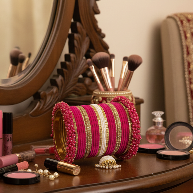 Pink Velvet Bridal Chuda Set with Zircon Stone Work & Pearl Latkan – Elegant Wedding Bangles