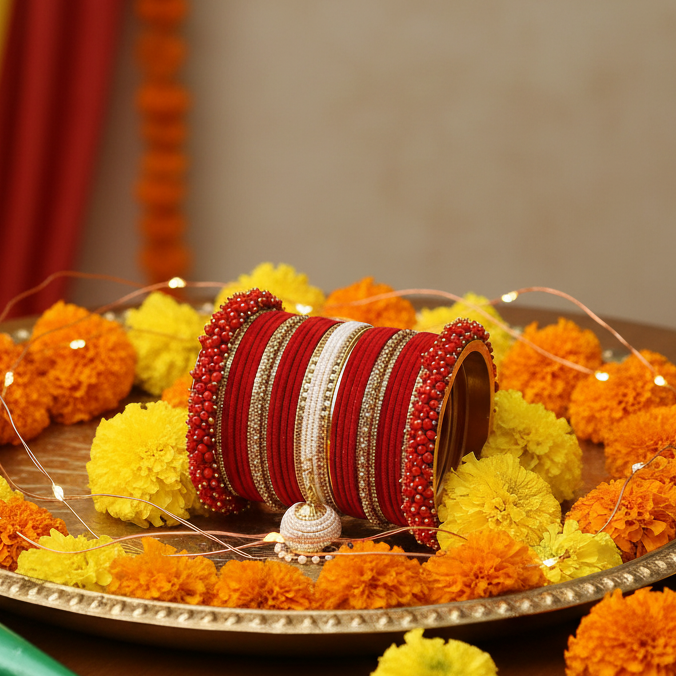 Red Velvet Bridal Chuda Set with Golden Zircon Stones & Pearl Latkan – Traditional Royal Bangles