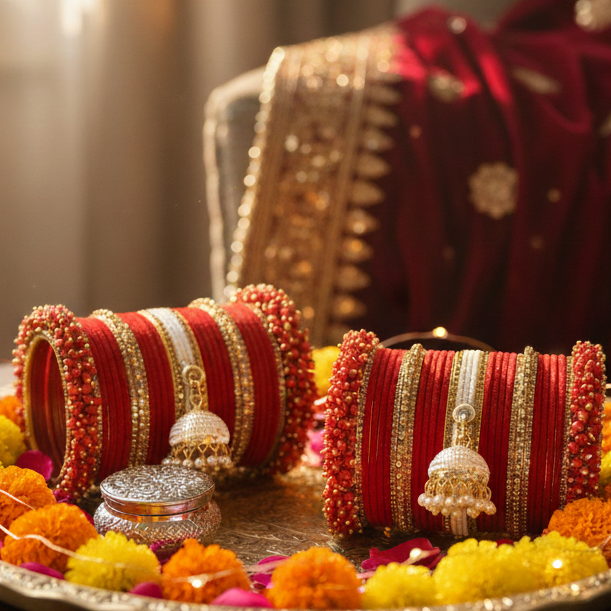Red Velvet Bridal Chuda Set with Golden Zircon Stones & Pearl Latkan – Traditional Royal Bangles