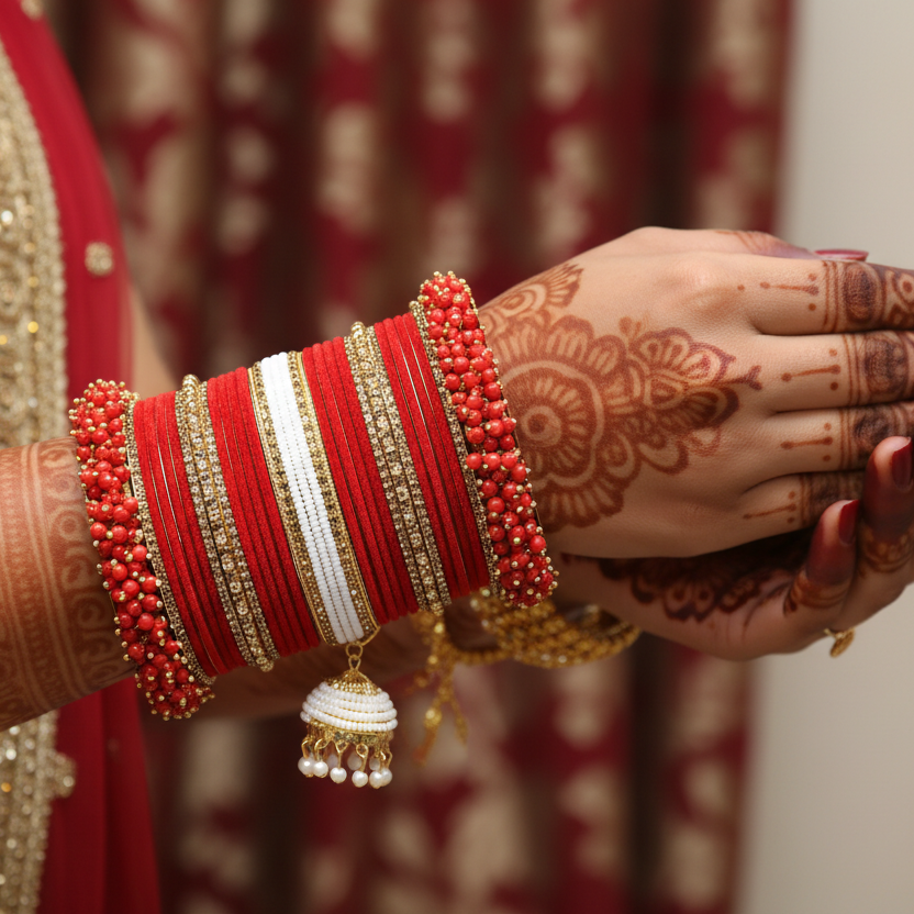 Red Velvet Bridal Chuda Set with Golden Zircon Stones & Pearl Latkan – Traditional Royal Bangles
