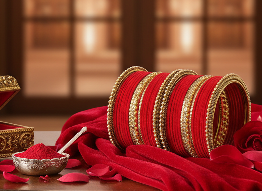 Red Velvet Bridal Chuda Set – Metal Base with Zircon Diamond-Studded Bangles