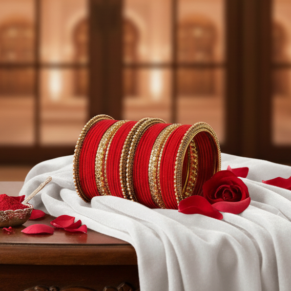 Red Velvet Bridal Chuda Set – Metal Base with Zircon Diamond-Studded Bangles