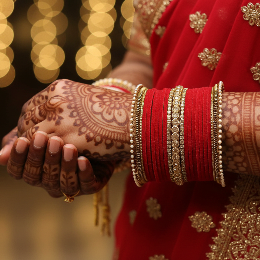 Red Velvet Bridal Chuda Set – Metal Base with Zircon Diamond-Studded Bangles