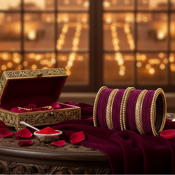 Royal Velvet Zircon Bridal Chuda Set – Metal Base with Diamond Finish Bangles