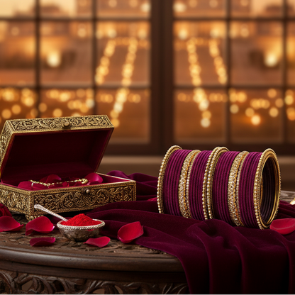 Royal Velvet Zircon Bridal Chuda Set – Metal Base with Diamond Finish Bangles