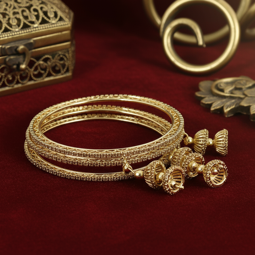 Golden Metal Latkan Bangles – Elegant Jhumka Design Bridal Bangle Set of 4