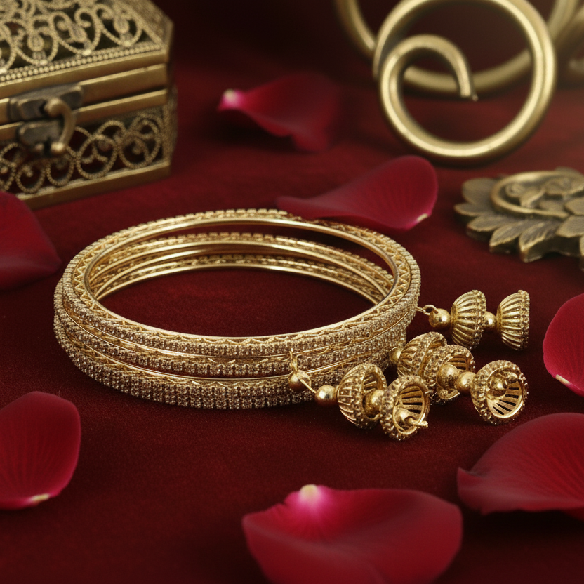 Golden Metal Latkan Bangles – Elegant Jhumka Design Bridal Bangle Set of 4