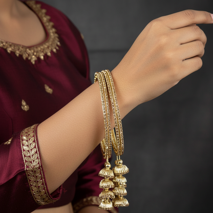Golden Metal Latkan Bangles – Elegant Jhumka Design Bridal Bangle Set of 4